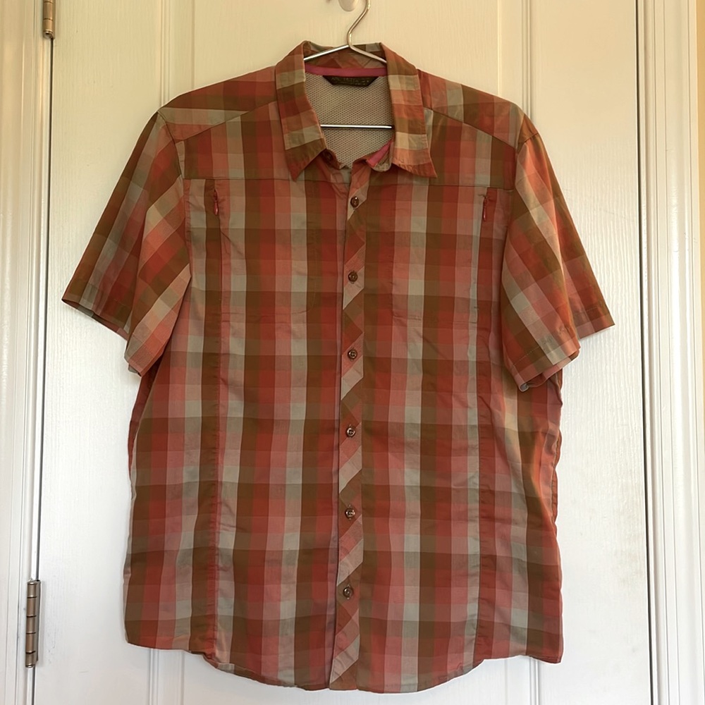 Arc’Teryx short sleeved, button-down shirt. Orange grey and brown check. Medium